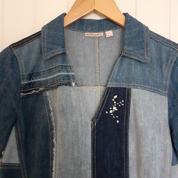 Holding Horses Denim Patchwork Short Sleeve Collar Shift Dress Blue Size 2 - Picture 4 of 15